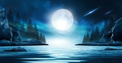 Night Futuristic Seascape. Reflection Of The Moon On Sea Water. Large Stones, Rocks On The Shore, Trees. Rays Of Meteorites, Neon Blue Light. Night Landscape, Islands.