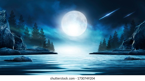 Night futuristic seascape. Reflection of the moon on sea water. Large stones, rocks on the shore, trees. Rays of meteorites, neon blue light. Night landscape, islands.