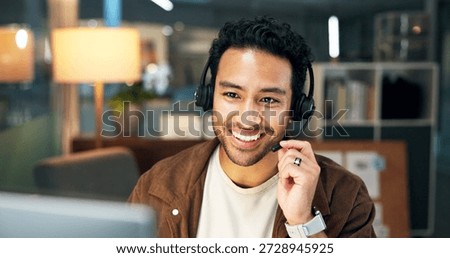 Night, headset or man with computer for customer service, help desk contact or troubleshooting advice. Speaking, late tech support or happy virtual assistant with instructions, hotline or solution
