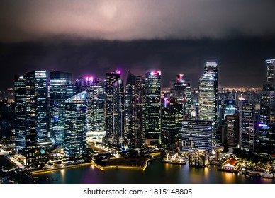 Night High Angle View Of Singapore Skyline And Skyscrapers At Marina Bay, South Asia