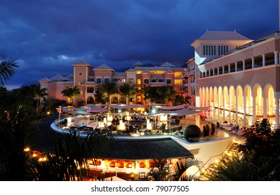 Night Illumination Of Luxury Hotel And Clouds, Tenerife Island, Spain