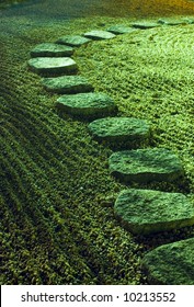 Night Image Of Stone Pathway In Japanese Zen Garden, Tokyo Japan; Focus On Foreground