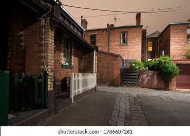 Night image of Victorian terrace homes taken in Fitzroy, an old inner suburb of Melbourne, Australia.