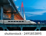 At night, intercity trains travel on bridges in Chongqing, China