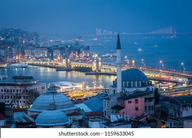 Night Istambul, Turkey. Beautiful Godlen Horn, The Primary Inlet Of The Bosphorus Strait And The Bridge Are On The Background. Night Lights. Turkey
