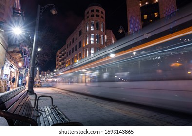 Night Jerusalem: Tram On Long Exposure On Jaffa Street, Zion Square