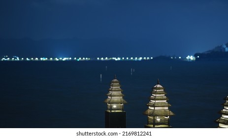 The Night Lake View With The Lights On In The Evening