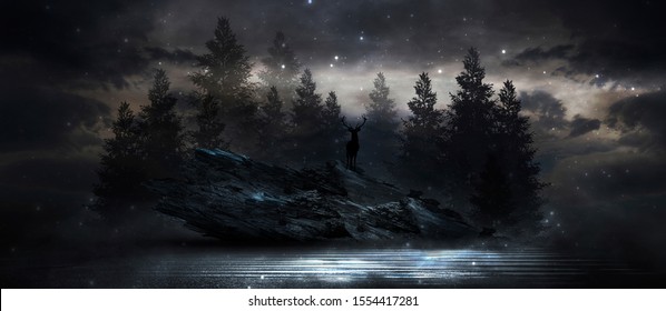Night landscape, dark forest, river. Night sky, mountains. Reflection in the water of moonlight. Dark natural background. 