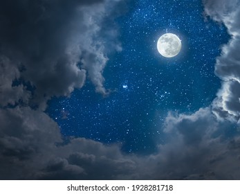 Night Landscape With Full Moon And Stars In Sky