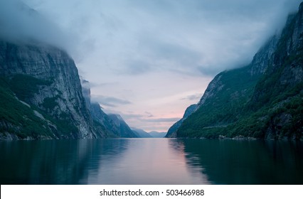 Night Landscape Of Lysefjord. Fairy Tale Of Norway Fjords Nature.