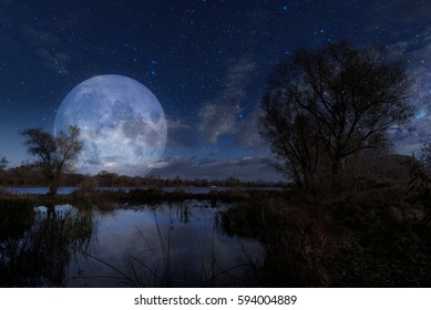 Night landscape with the Moon over the Dnieper river in Kiev, Ukraine, during autumn. Elements of this image furnished by NASA.