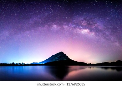 Night Landscape Mountain And Milky Way  Galaxy Background , Thailand , Long Exposure ,low Light  