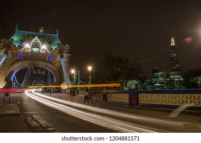 Night Landscape Photography With Lines Of Cars Lights On Bridge Of Central London, England, UK. April 2015