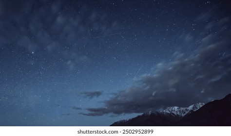 Night landscape in the Tien Shan mountains in Tajikistan in the Pamirs, stars and mountains with snow in the Wakhan Valley - Powered by Shutterstock