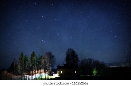 Night Landscape, Village House Under The Stars At Night