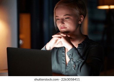 Night, laptop and thinking with woman in office for overtime, planning and strategy idea. Digital, technology and internet with employee and deadline at desk for goals, management solution and email - Shutterstock ID 2263058411