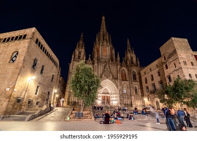 Night Life Barcelona. Metropolitan Cathedral Basilica Of Barcelona Late Evening Night View. Spain, Catalonia, Barcelona - 10 February 2020