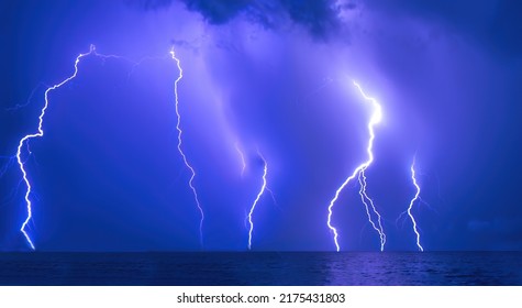 Night Lightning Storm Over The Gulf Of Mexico In Venice Florida USA