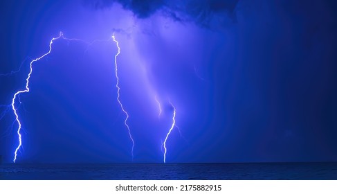 Night Lightning Storm Over The Gulf Of Mexico In Venice Florida USA