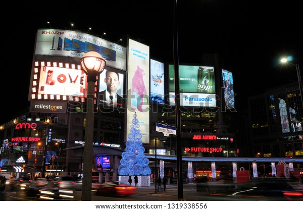 Night lights and\
billboards at Dundas Square at Yonge street Toronto, Ontario,\
Canada - November 22,\
2008