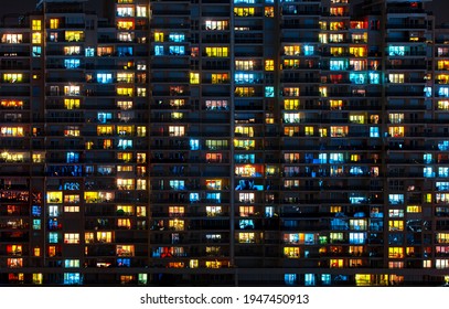 Night Lights Of A Huge Apartment. Living In A Big City.