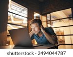 Night, man or confused by laptop in office for project deadline, website or phishing email. Anxiety, hacked or security engineer in tech with stress for financial crisis, digital fraud or online scam