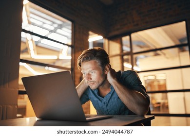 Night, man or confused by laptop in office for project deadline, website or phishing email. Anxiety, hacked or security engineer in tech with stress for financial crisis, digital fraud or online scam