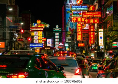 Night Market and neon light signs on Yaowarat road at night in Chainatown,Bangkok :05/05/2018