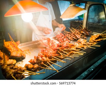 Night Market Selling Pork In Bangkok Thailand