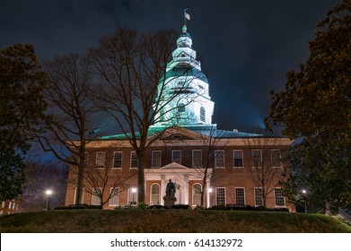 Night At The Maryland State Capitol Building In Annapolis, Maryland