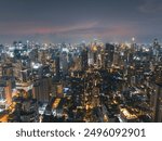 Night of the Metropolitan Bangkok City downtown cityscape urban skyline tower Thailand. Bangkok night view in the business district. Aerial. Night scene.