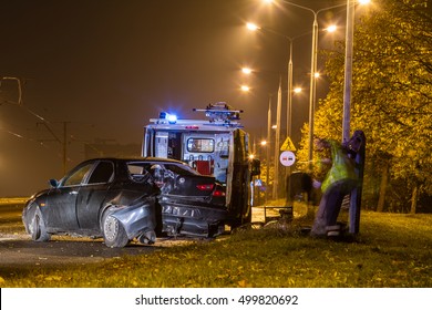  Night, Midnight, Car Crash, Damaged Power Pole, Street Lamp City