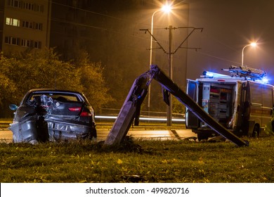  Night, Midnight, Car Crash, Damaged Power Pole, Street Lamp City