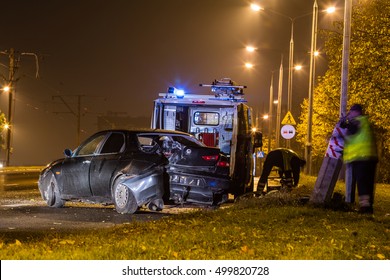  Night, Midnight, Car Crash, Damaged Power Pole, Street Lamp City