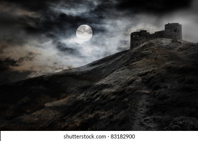 Night, moon and dark fortress black and white halloween theme