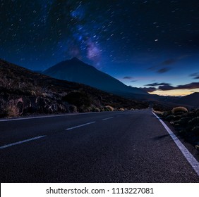 Night Mountain Road .Night Sky With Milky Way And Stars.