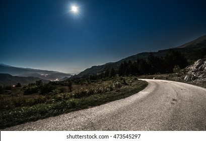 night mountain road. sky moon light 