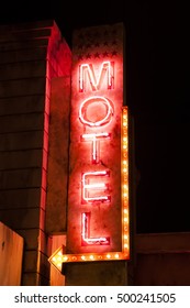 Night Neon Motel Sign. American Style Motel Outdoor Advertisement Sign. Love Motel Sign Board.