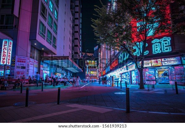 A night of the neon\
street at the downtown wide shot. Shinjuku district Tokyo / Japan -\
08.29.2019
