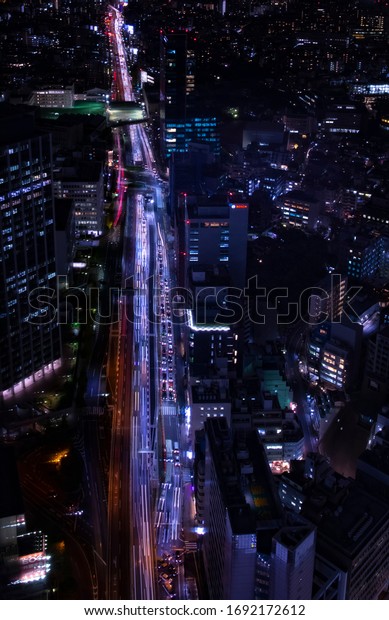 A night neon town high angle\
wide shot. Shibuya district Shibuya Tokyo / Japan -\
12.03.2019