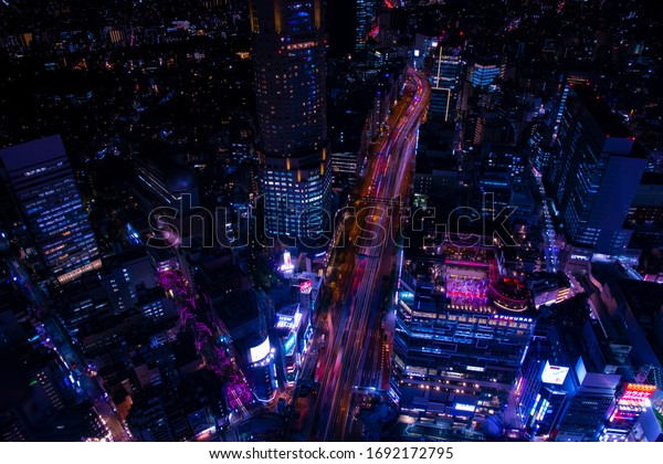A night neon town high angle
wide shot. Shibuya district Shibuya Tokyo / Japan -
12.03.2019