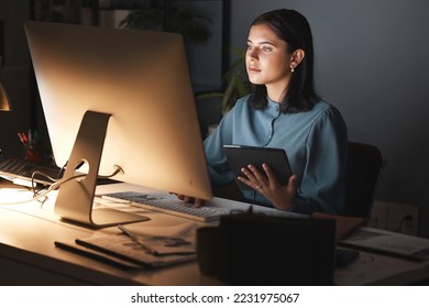 Night office, computer and business woman with tablet for digital marketing, seo analytics and multimedia application review. Website design, graphic designer and creative employee in dark workspace - Powered by Shutterstock
