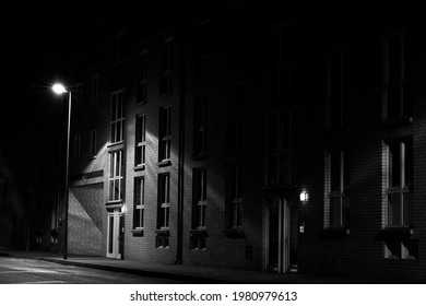 At Night On The Street,Apartment Building Is Illuminated By Street Lamp, Without People,black And White,Low Key Photography