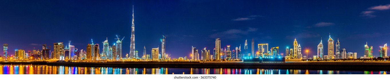 Night Panorama Of Dubai Downtown - The UAE