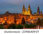 Night panorama view of the Cathedral of Santiago de Compostela in Spain.