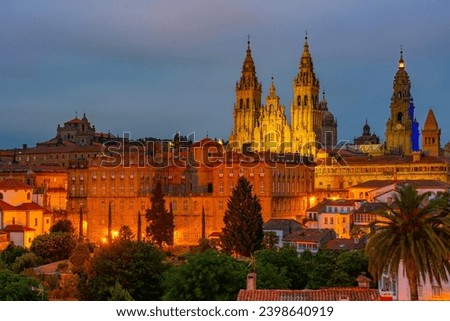 Night panorama view of the Cathedral of Santiago de Compostela in Spain.