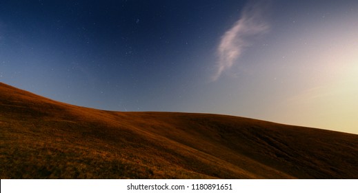 Night Panoramic Landscape In The Mountains. Rolling Hills, Starring Sky. Panoramic View. Svydovets, Ukraine.