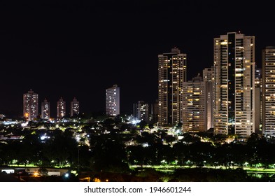 Night Panoramic View Of An Apartment Building In A Neighborhood In The City Of Londrina, Parana, Brazil, 2021.