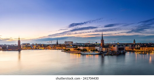 Night panoramic view. Gamla Stan, the old part of Stockholm, Sweden