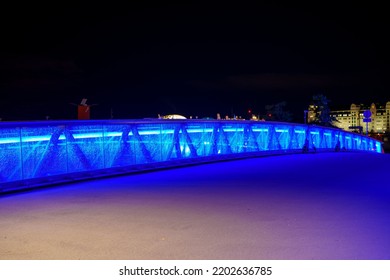 Night Photo Of A Blue Neon Bridge With Cracked Glass Oslo Norway